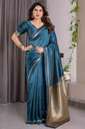 turquoise soft art silk banarasi jacuard work designer party wear saree with unstitched blouse piece