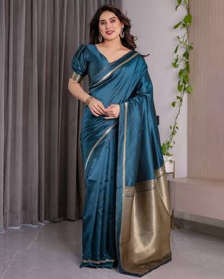turquoise silk blend banarasi saree with unstitched blouse piece 3