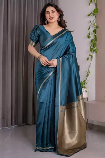 turquoise silk blend banarasi saree with unstitched blouse piece