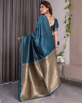 turquoise silk blend banarasi saree with unstitched blouse piece 4