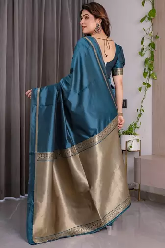 turquoise silk blend banarasi saree with unstitched blouse piece