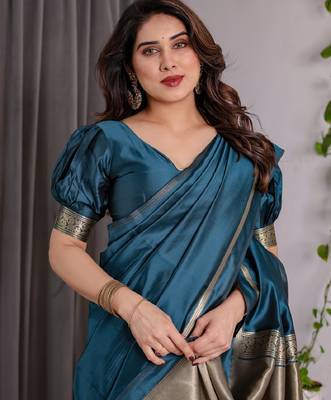 turquoise silk blend banarasi saree with unstitched blouse piece 1