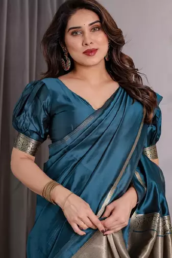 turquoise soft art silk banarasi jacuard work designer party wear saree with unstitched blouse piece