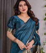 turquoise silk blend banarasi saree with unstitched blouse piece