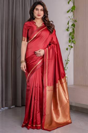 red soft art silk banarasi jacuard work designer party wear saree with unstitched blouse piece