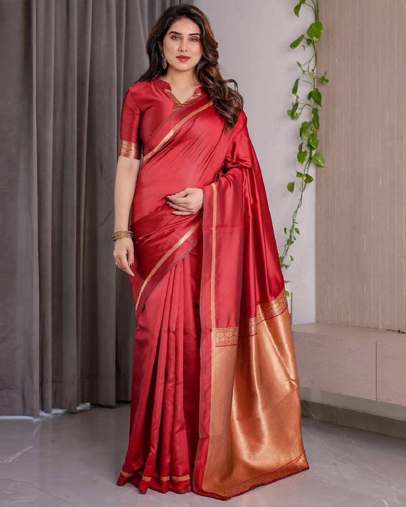 red soft art silk banarasi jacuard work designer party wear saree with unstitched blouse piece