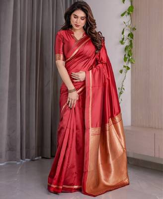 red silk blend banarasi saree with unstitched blouse piece 2