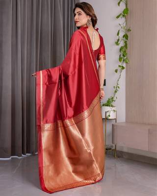 red silk blend banarasi saree with unstitched blouse piece 3