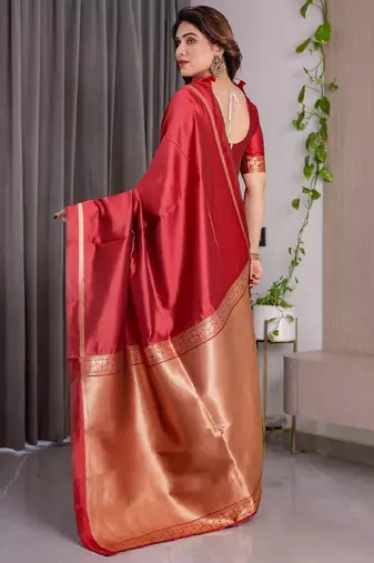 red silk blend banarasi saree with unstitched blouse piece