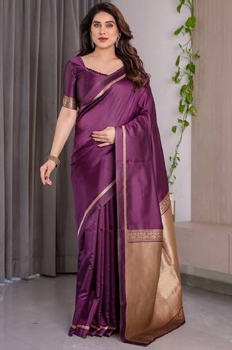 wine soft art silk banarasi jacuard work designer party wear saree with unstitched blouse piece