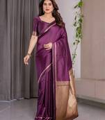 wine soft art silk banarasi jacuard work designer party wear saree with unstitched blouse piece