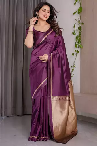 wine silk blend banarasi saree with unstitched blouse piece