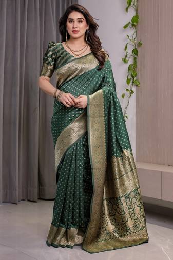 green soft art silk banarasi jacuard work designer party wear saree with unstitched blouse piece