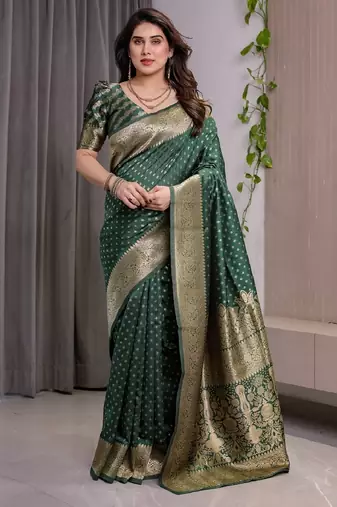green soft art silk banarasi jacuard work designer party wear saree with unstitched blouse piece