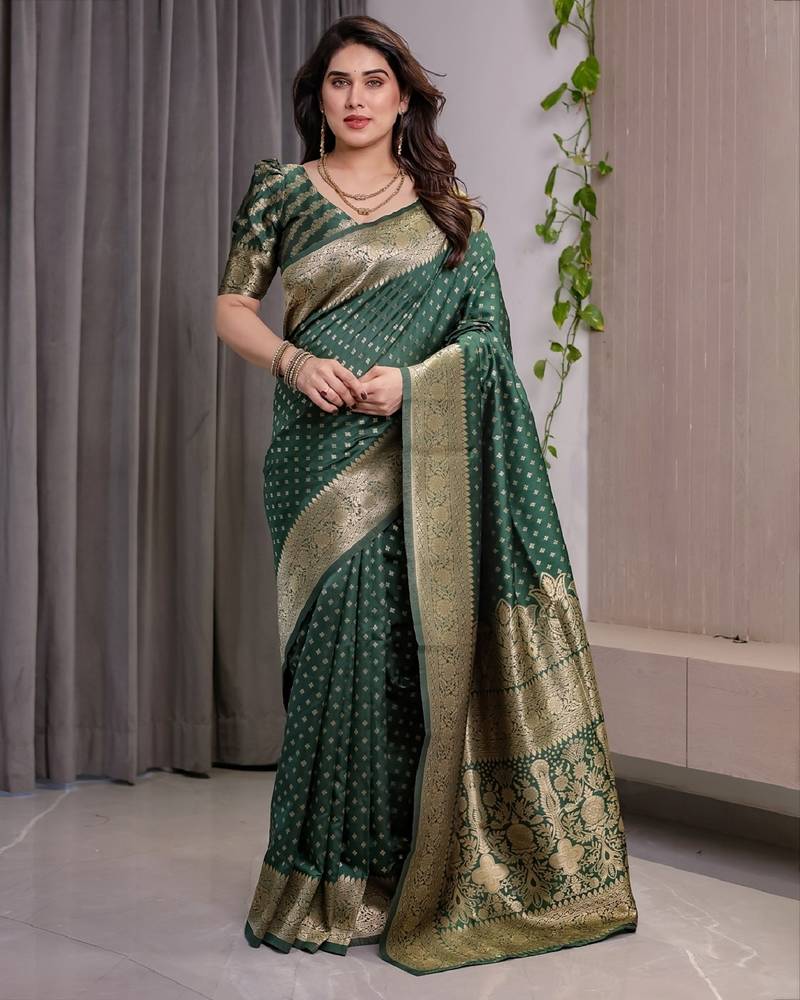 green soft art silk banarasi jacuard work designer party wear saree with unstitched blouse piece
