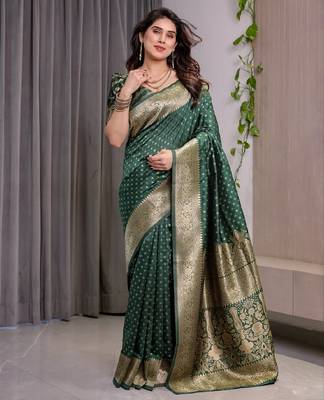 green silk blend banarasi saree with unstitched blouse piece 3