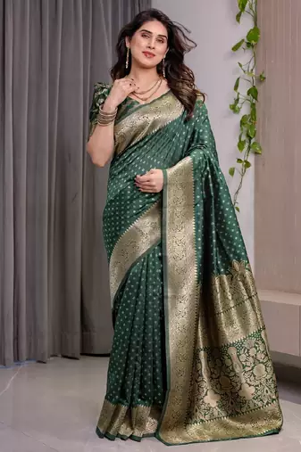 green silk blend banarasi saree with unstitched blouse piece