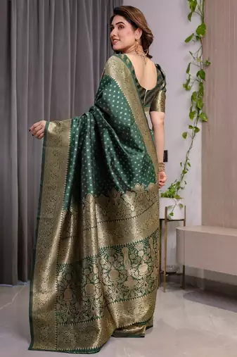 green silk blend banarasi saree with unstitched blouse piece