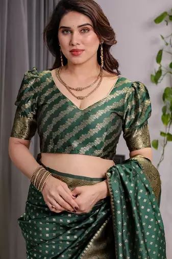 green silk blend banarasi saree with unstitched blouse piece