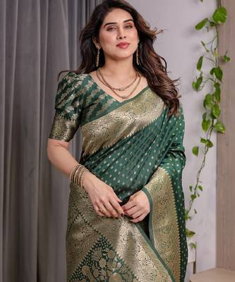 green silk blend banarasi saree with unstitched blouse piece 1