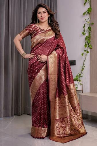maroon soft art silk banarasi jacuard work designer party wear saree with unstitched blouse piece