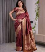 maroon soft art silk banarasi jacuard work designer party wear saree with unstitched blouse piece