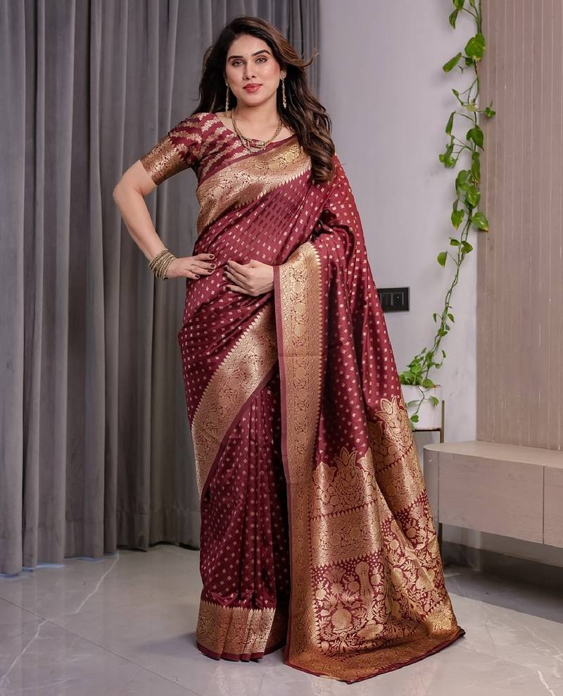 maroon soft art silk banarasi jacuard work designer party wear saree with unstitched blouse piece