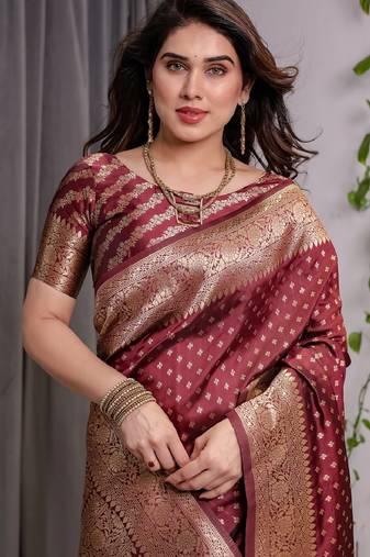 maroon soft art silk banarasi jacuard work designer party wear saree with unstitched blouse piece