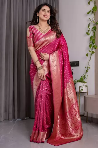 pink silk blend banarasi saree with unstitched blouse piece