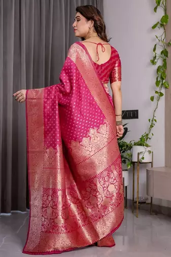 pink silk blend banarasi saree with unstitched blouse piece