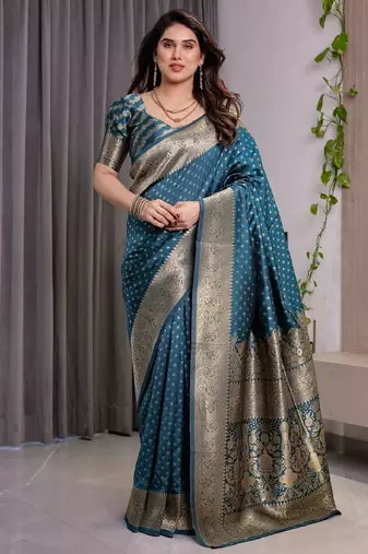 turquoise soft art silk banarasi jacuard work designer party wear saree with unstitched blouse piece