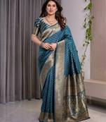 turquoise soft art silk banarasi jacuard work designer party wear saree with unstitched blouse piece
