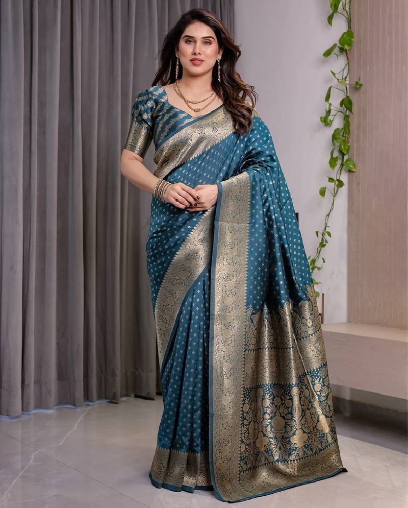 turquoise soft art silk banarasi jacuard work designer party wear saree with unstitched blouse piece