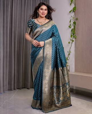 turquoise silk blend banarasi saree with unstitched blouse piece 2