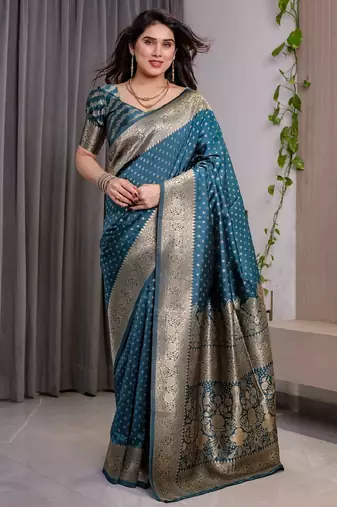 turquoise silk blend banarasi saree with unstitched blouse piece