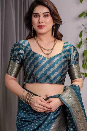 turquoise silk blend banarasi saree with unstitched blouse piece