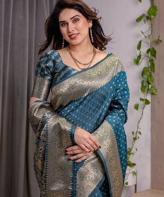 turquoise silk blend banarasi saree with unstitched blouse piece 4
