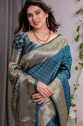 turquoise silk blend banarasi saree with unstitched blouse piece