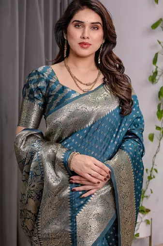 turquoise silk blend banarasi saree with unstitched blouse piece
