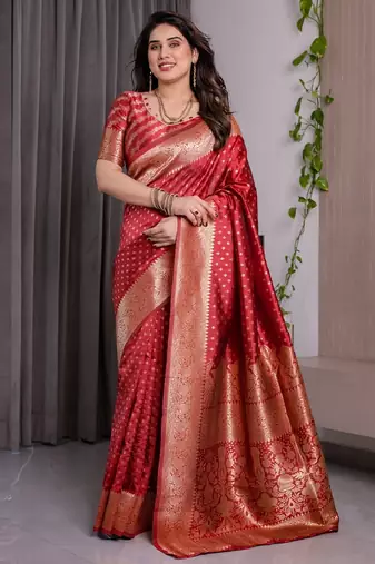 red soft art silk banarasi jacuard work designer party wear saree with unstitched blouse piece