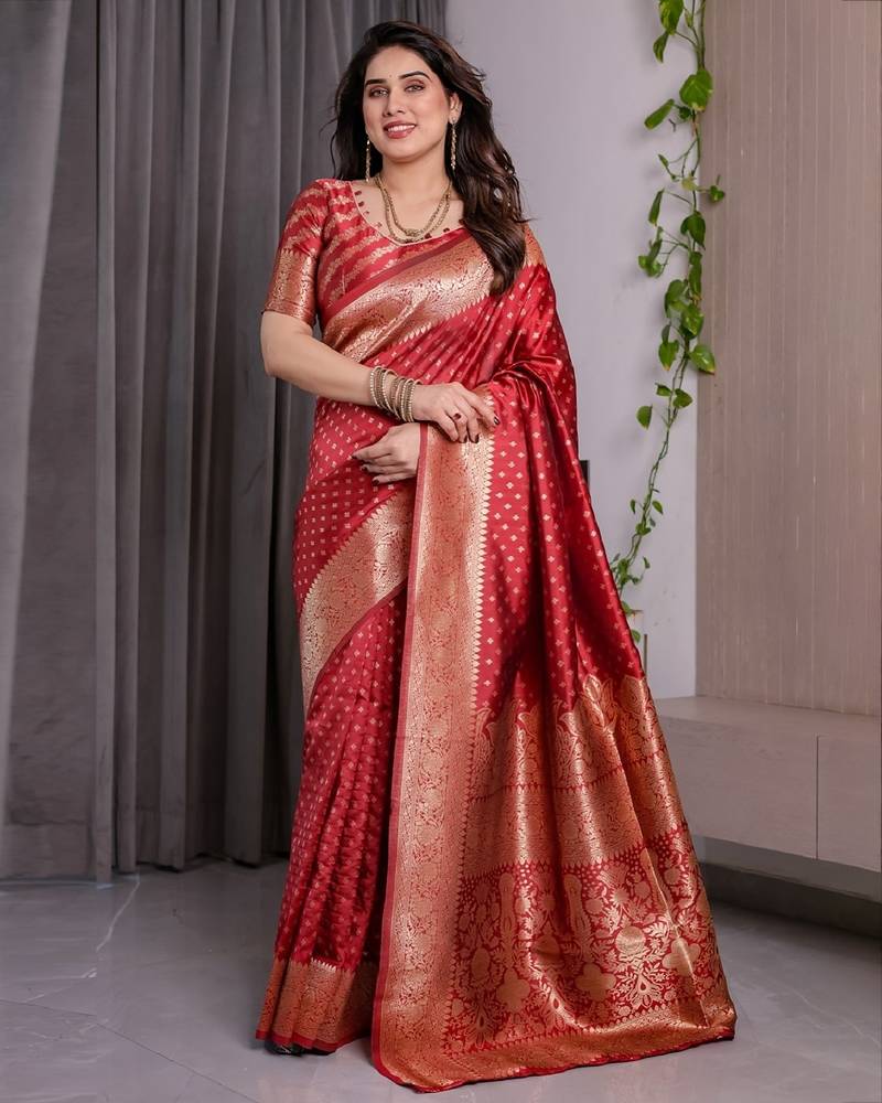 red soft art silk banarasi jacuard work designer party wear saree with unstitched blouse piece