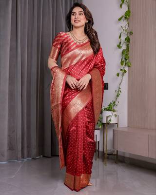 red silk blend banarasi saree with unstitched blouse piece 2