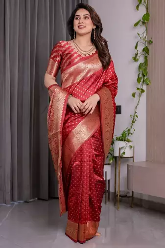 red silk blend banarasi saree with unstitched blouse piece