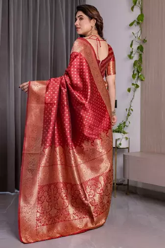 red silk blend banarasi saree with unstitched blouse piece