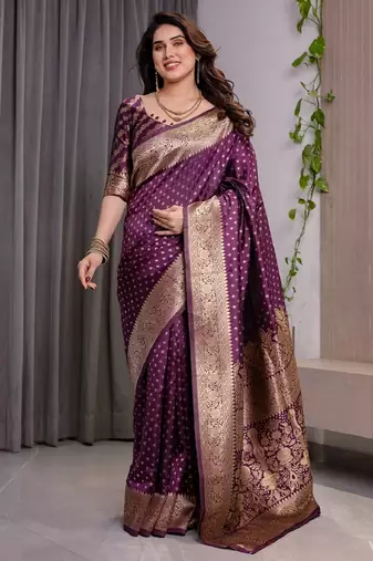 wine soft art silk banarasi jacuard work designer party wear saree with unstitched blouse piece