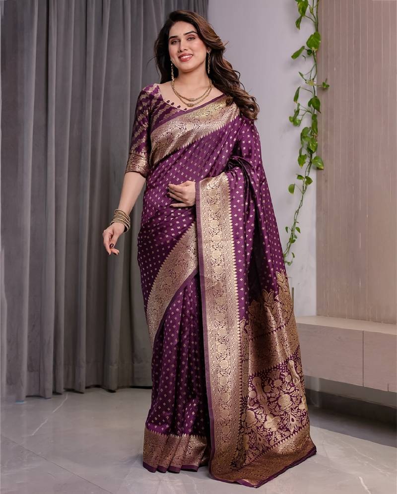 wine soft art silk banarasi jacuard work designer party wear saree with unstitched blouse piece