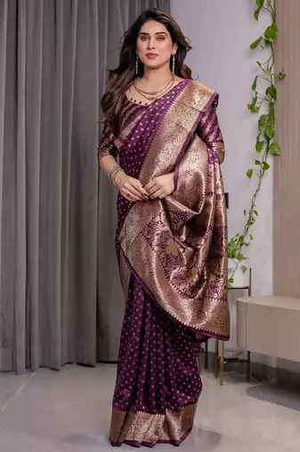 wine silk blend banarasi saree with unstitched blouse piece