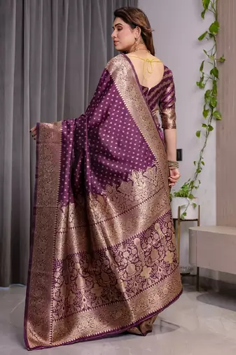 wine silk blend banarasi saree with unstitched blouse piece