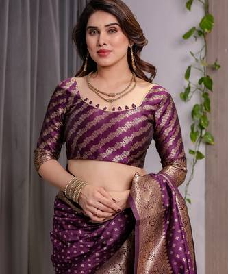 wine silk blend banarasi saree with unstitched blouse piece 4