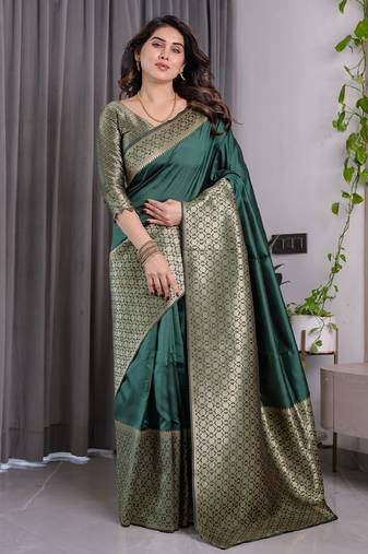 green soft art silk banarasi jacuard work designer party wear saree with unstitched blouse piece